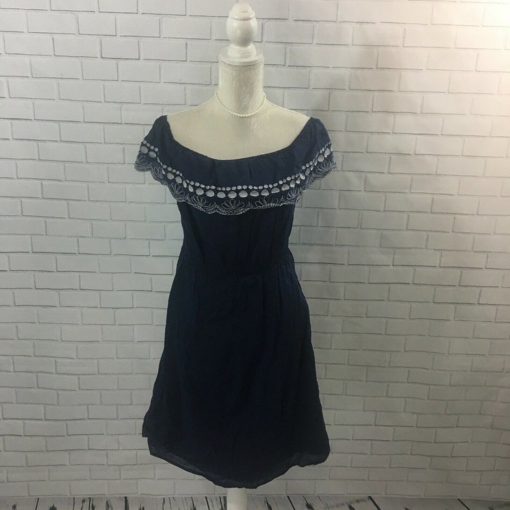 Calypso St Barth for Target Navy Blue Bardot Off Shoulder Dress White Embroidery